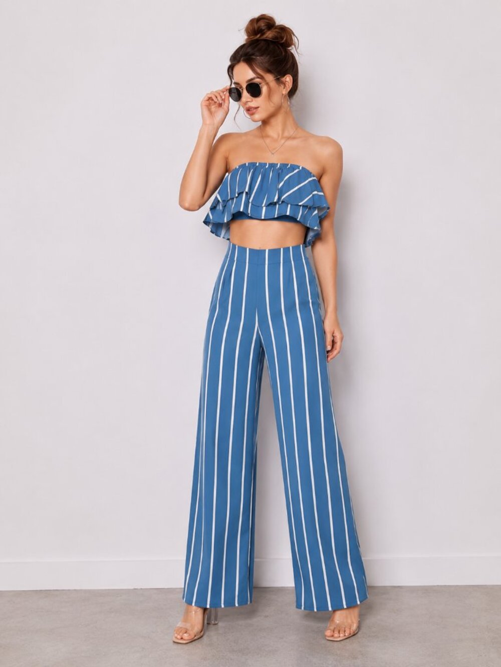 Blue White Striped Wide Leg Pants Set Ruffle Bandeau Top NWT